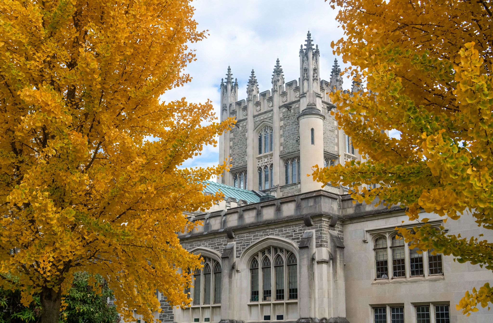 Exterior of a building nestled among fall foliage.