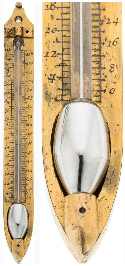 An antique thermometer with a closeup detail.