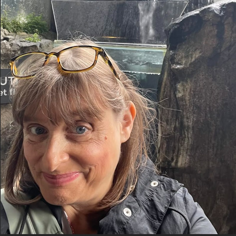  A person with glasses pushed up on their head smiles, looking at the camera. The background appears to be an indoor exhibit with a small waterfall, and rocks.