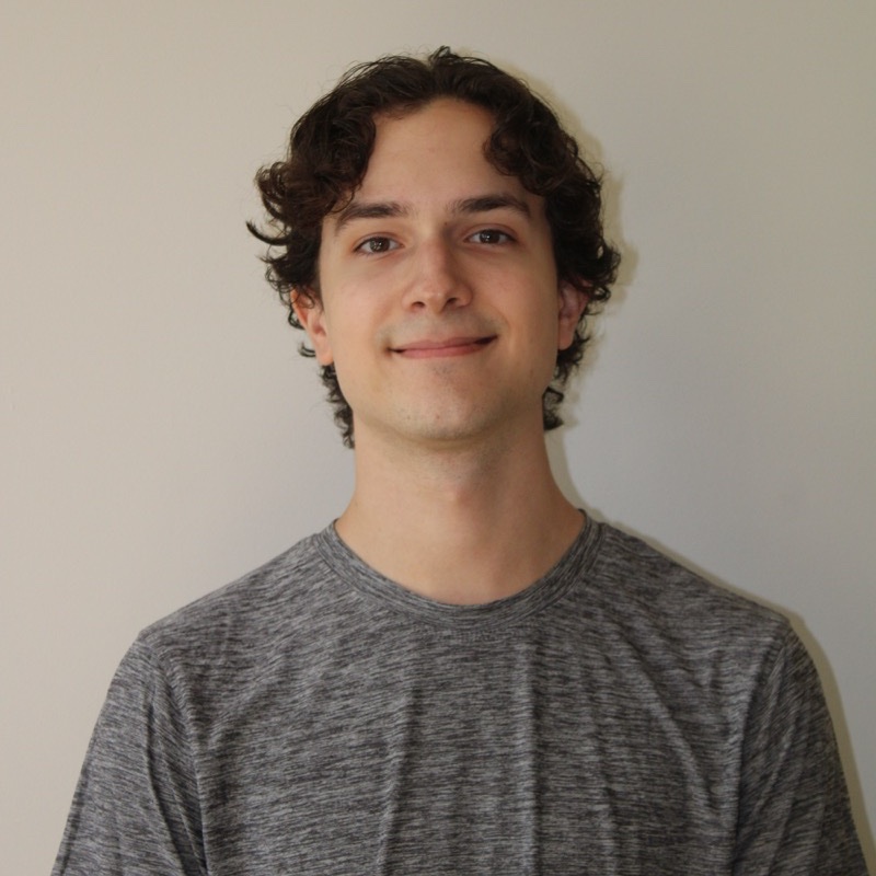 A person with short curly hair stands in front of a plain background, smiling gently with a closed-mouth expression. They wear a heather gray crew-neck shirt. The lighting is even and soft, with subtle shadows behind them. Their posture is straight and neutral.