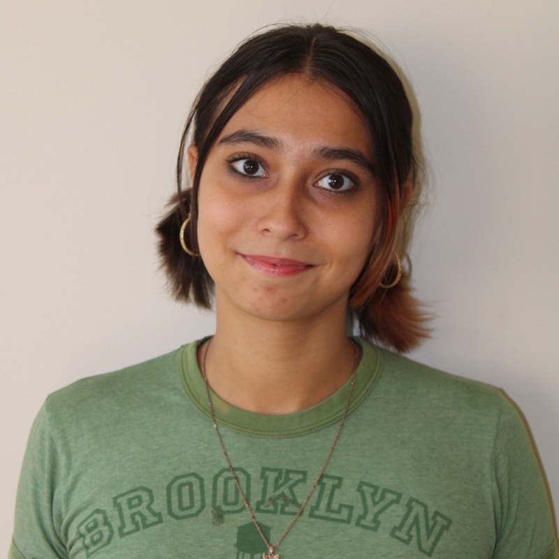 A person with short dark hair styled in pigtails stands in front of a pale wall. They wear a green t-shirt with the word "Brooklyn" printed across the front and large hoop earrings. Their expression is subtle and relaxed. Lighting is soft and fills the frame evenly.