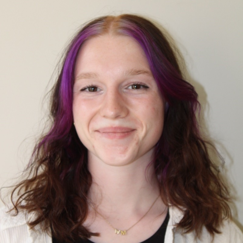 A person with shoulder-length wavy hair has vibrant purple streaks framing their face. They wear a white outer layer over a black top and a necklace with small letter charms. Their expression is calm and closed-lipped. The background is plain and well-lit.