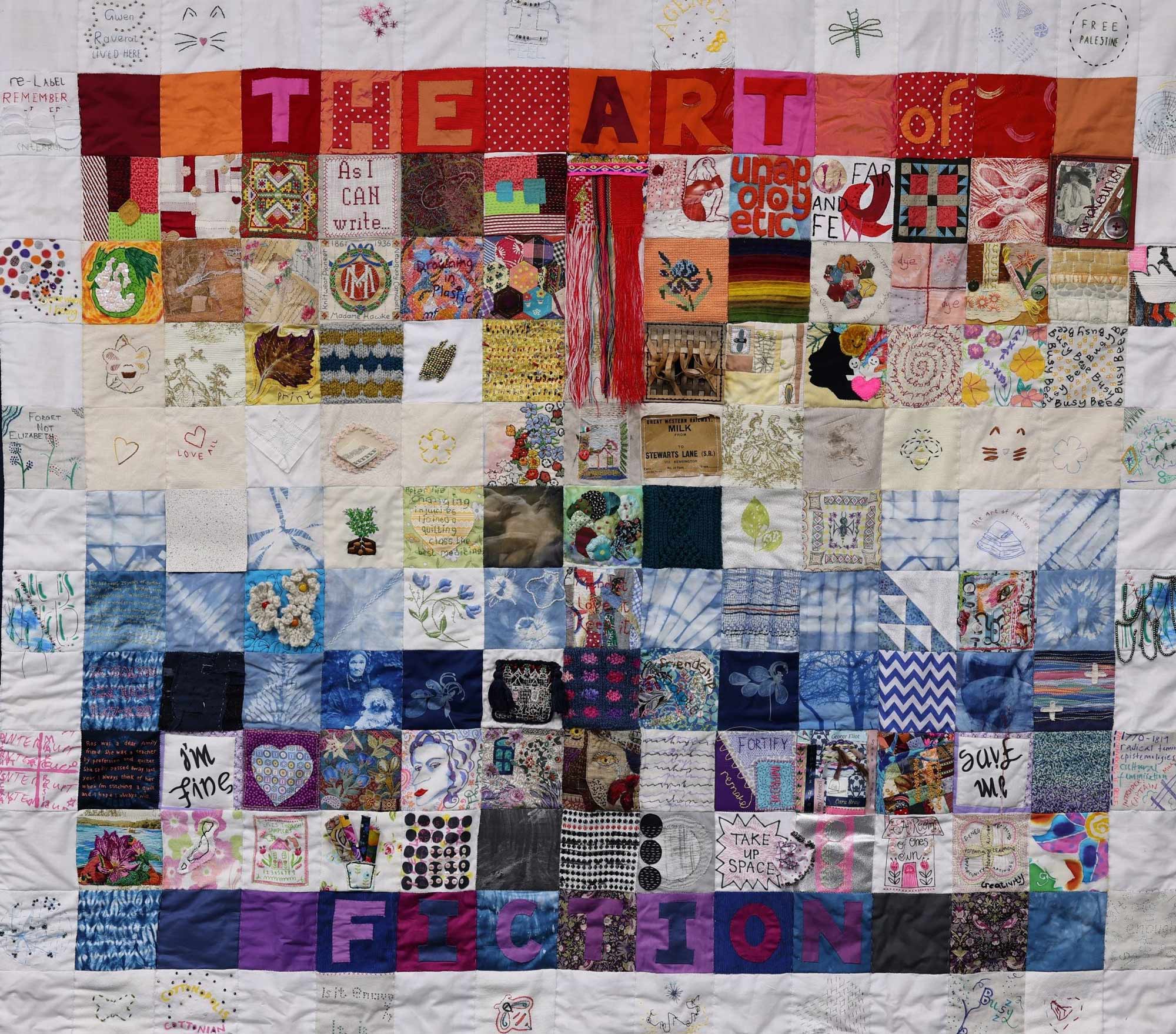 A patchwork quilt bordered by patches reading 'The Art of Fiction.'