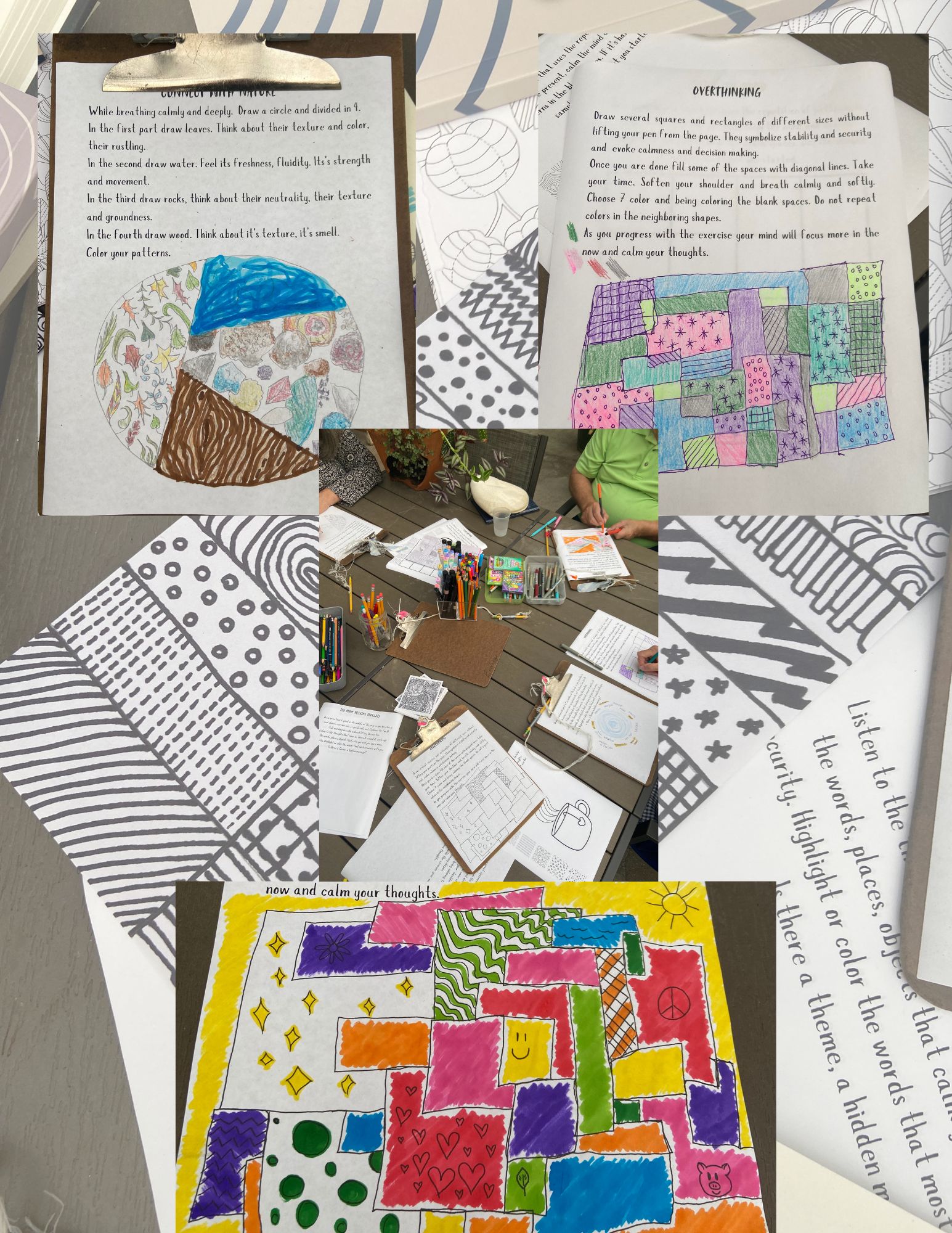 A photo of several pages with text and drawings on them.