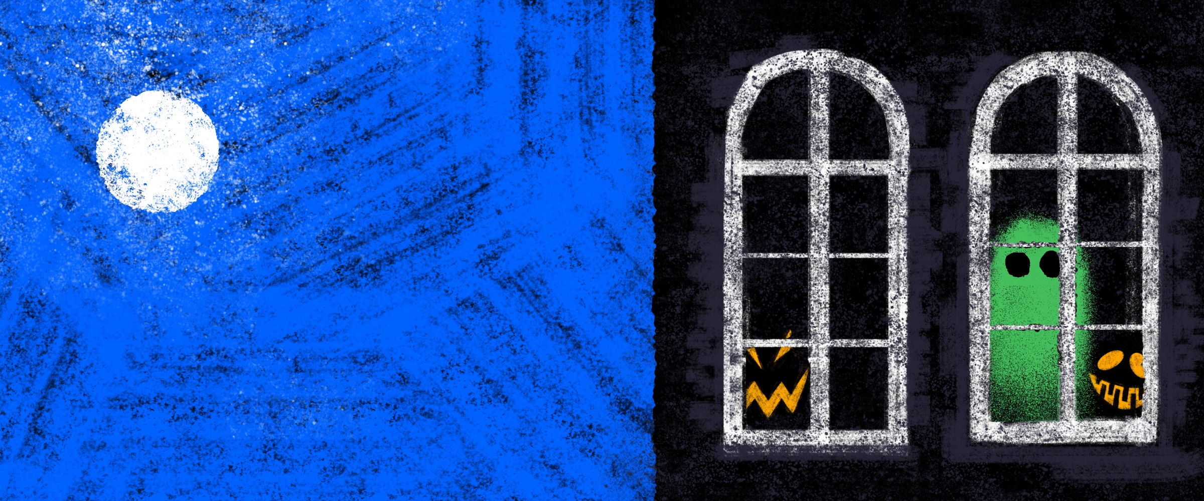 Halloween illustration of a moon and darkened windows with a ghost and glowing eyes peering out behind.