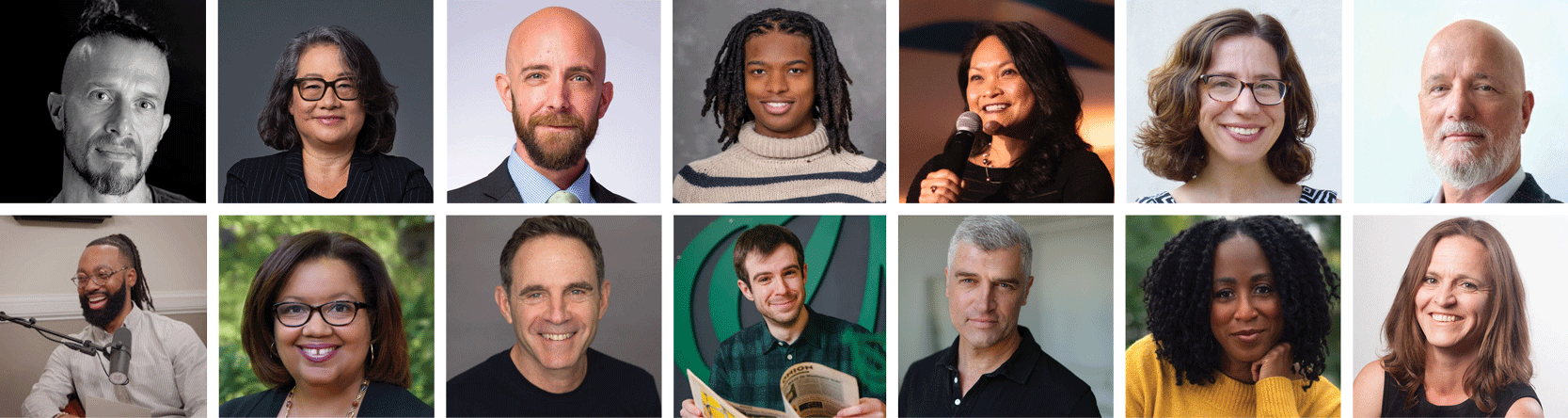 Photo collage of fourteen headshots of different people.