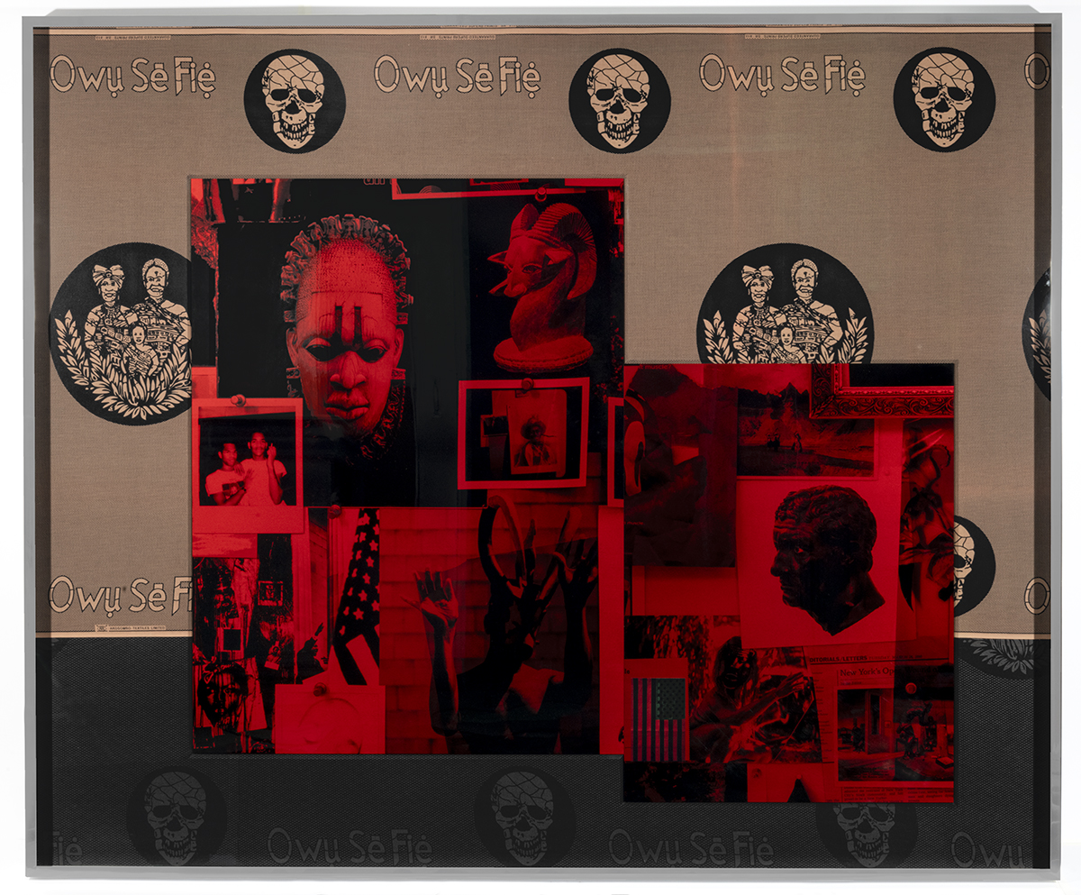  A mixed-media assemblage with layered red-tinted photographs, including African masks, sculptures, and archival images, arranged on a background printed with repeating black-and-white circular motifs. These motifs alternate between skulls wrapped in patterned cloth and portraits of a family framed by laurel leaves, with the phrase “Owu Sɛ Fie” repeated across the fabric ground. The central collage glows in deep red, contrasting sharply with the neutral beige and black patterned border.
