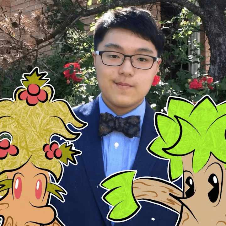 A photo of Andrew Chu, wearing glasses, a suit jacket, and a bow tie, standing outdoors in front of red flowers and trees. Colorful cartoon-style tree characters are edited into the foreground on both sides.