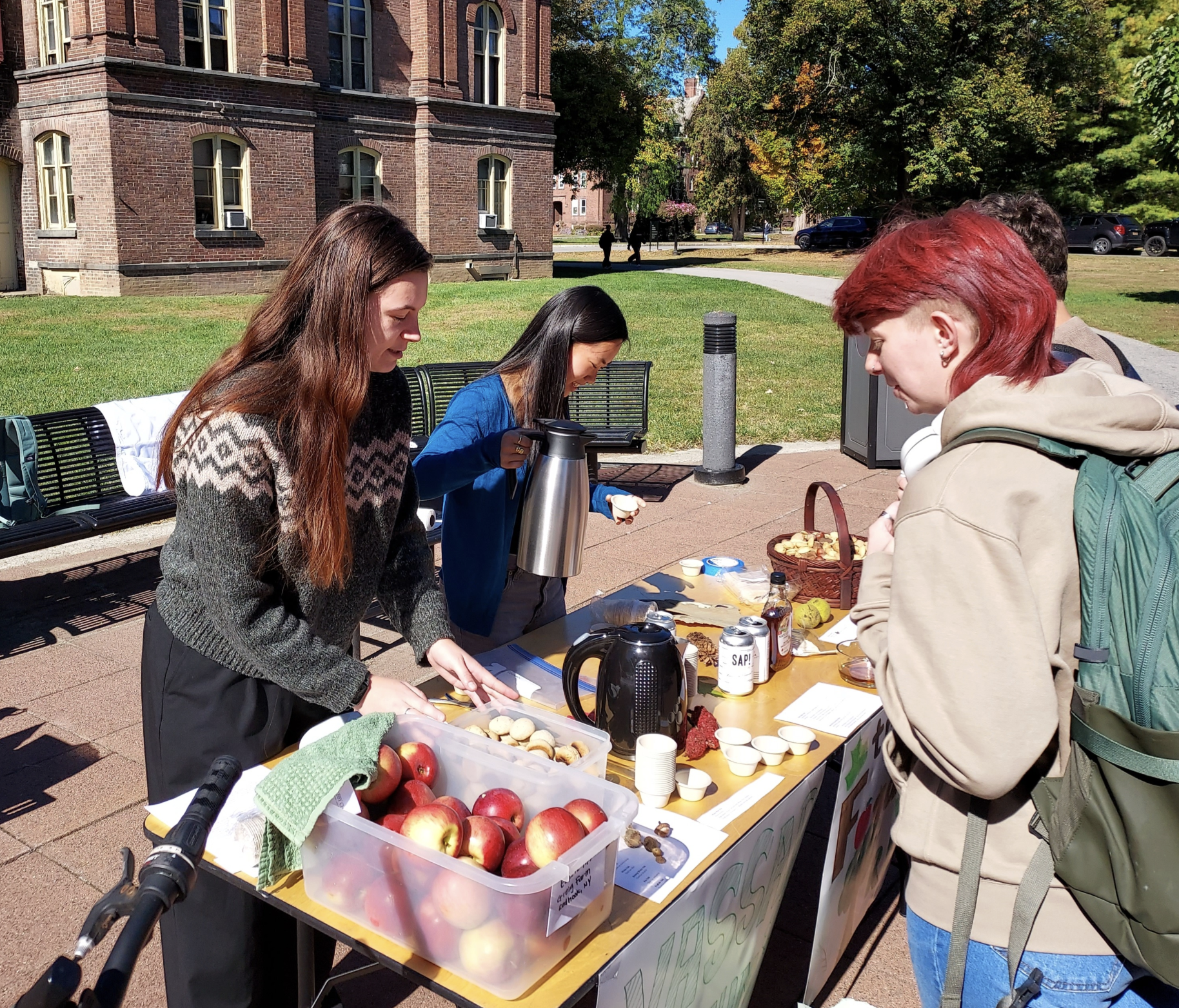 A table is set up outdoors, featuring various food items, including a plastic container filled with red apples and baked goods. Two individuals are engaged in preparation; one is pouring from a metal kettle, while the other places items on the table. In the foreground, a person with short, colorful hair is observing the table and holding a cup. The setting is vibrant, characterized by sunlight casting soft shadows, and the surrounding area displays green grass and trees with autumn foliage.