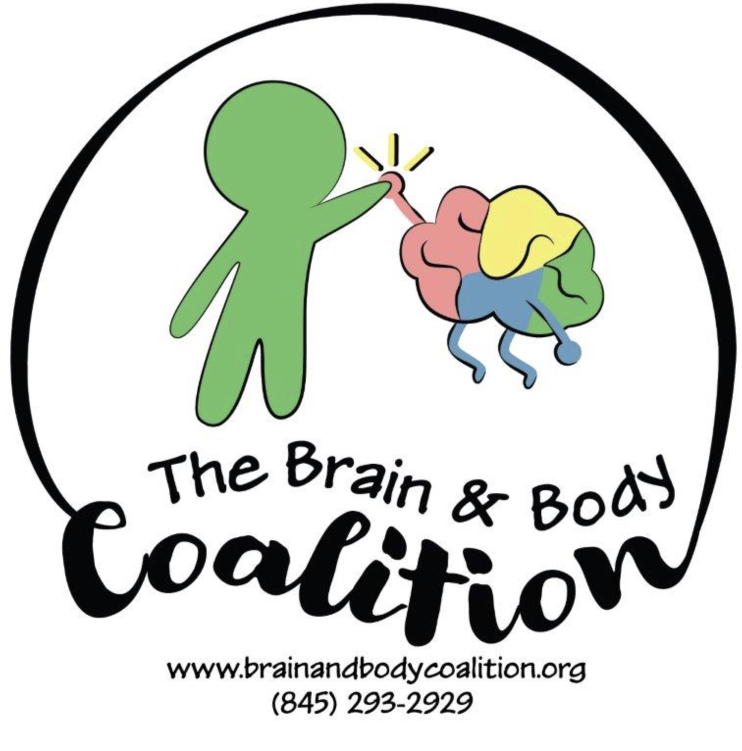 A simple green figure reaches out with one hand towards a colorful abstract brain, which is comprised of pink, yellow, and blue sections. The figure's other arm remains relaxed at its side. Surrounding this central imagery is a circular black outline, framing the composition. The text "The Brain & Body Coalition" is positioned below the figures, with "www.brainandbodycoalition.org" and "(845) 293-2929" presented at the bottom, rendered in a playful font that complements the visual elements above.