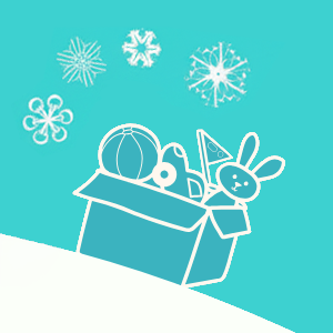 Cute illustration of a box of toys with snowy scene.