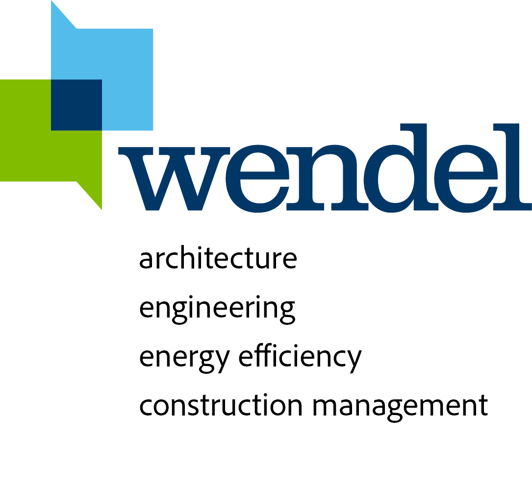 Wendel logo with overlapping green and blue squares, the word “wendel,” and the tagline: architecture, engineering, energy efficiency, and construction management.