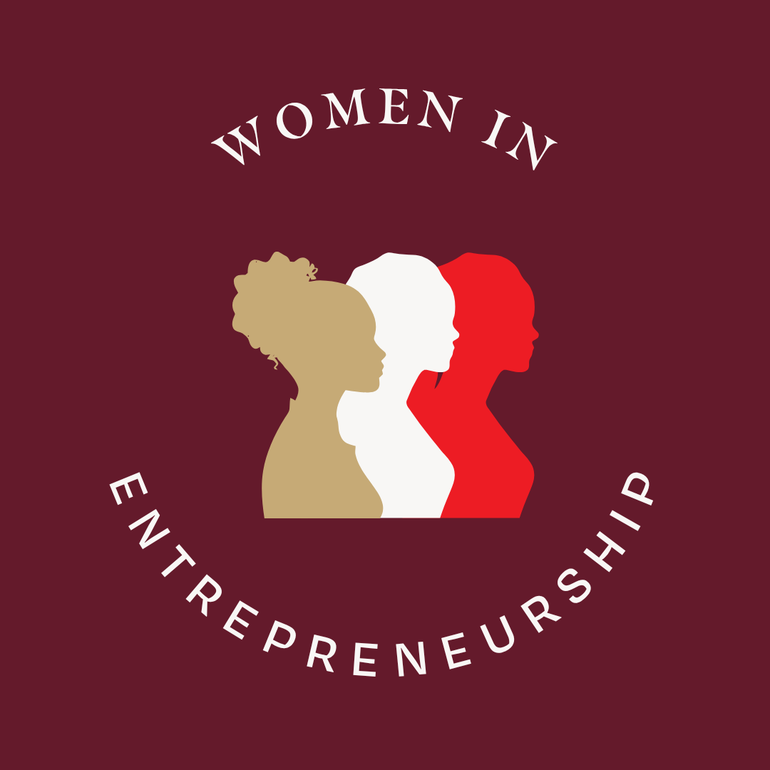 Graphic with side profiles of three people with text that reads, Women in Entrepreneurship.