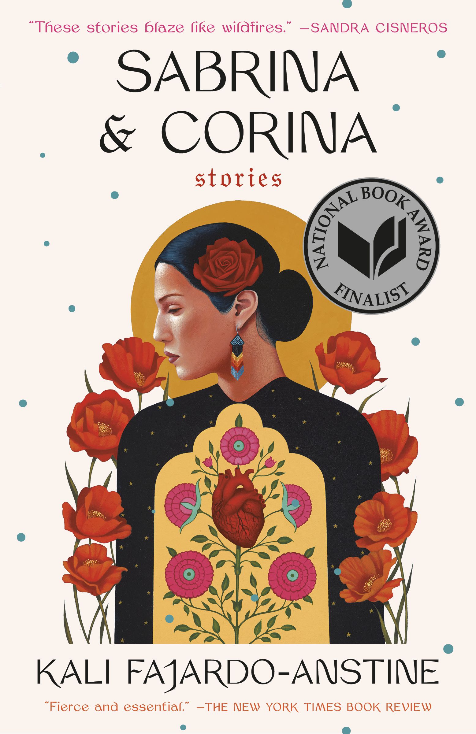 Picture of the book cover of Sabrina & Corina: An illustration of an indigenous woman's profile surrounded by poppy flowers, with a yellow circle behind her head and a pale pink background with blue dots. &nbsp;&nbsp;