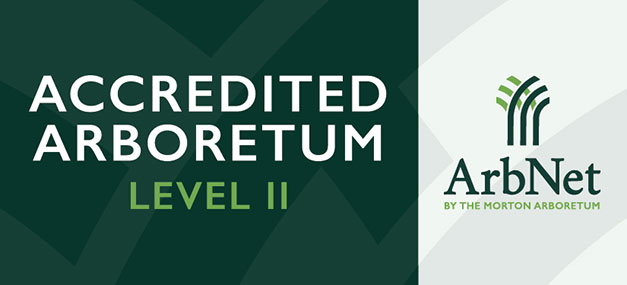 Graphic with trees and text that reads: Accredited Arboretum Level II, ArbNet by the Morton Arboretum.