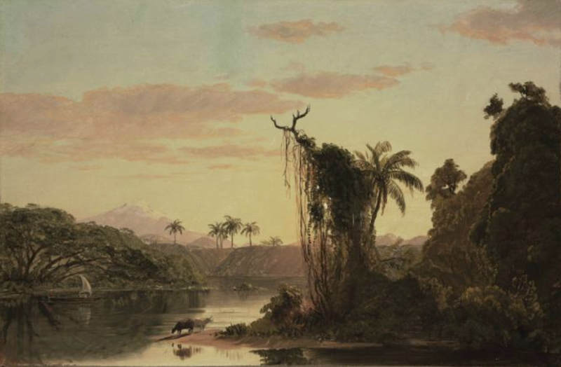 A painting of a tranquil river scene, framed by lush greenery and tropical palm trees. A solitary figure stands on the riverbank, partially obscured by dense foliage, while a distant mountain range rises under a soft, pastel sky. The colors transition from muted oranges and pinks near the horizon to softer blues above, suggesting the time of dawn or dusk. Reflections shimmer on the water's surface, enhancing the serene atmosphere of this natural setting.