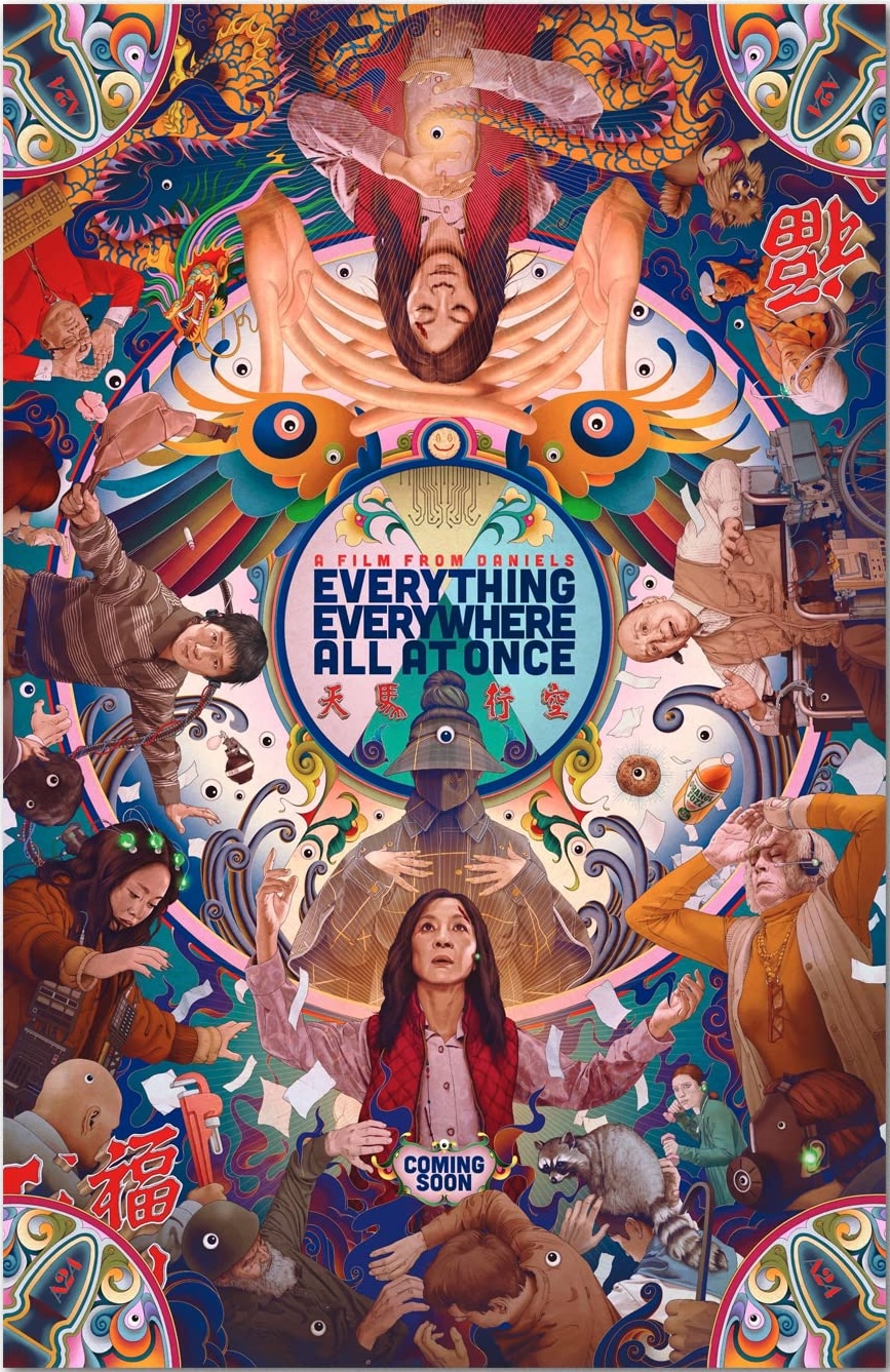 Official poster for Everything, Everywhere, all at Once featuring the film's star (Michelle Yeoh) among a kaleidoscope of images from the film.