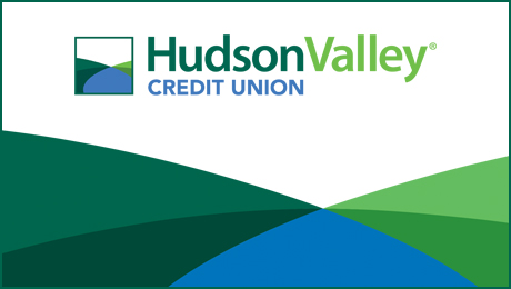A logo with greens and blue with the words Hudson Valley Credit Union.