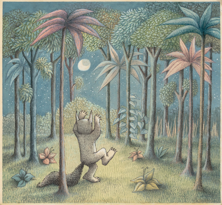 Illustration of a small horned creature standing on one foot in a moonlit forest, arms raised toward a full moon. Tall, stylized trees with pastel-colored leaves surround the figure, and soft blue night tones fill the sky with scattered stars. The scene has a textured, storybook style with muted greens, pinks, and blues.