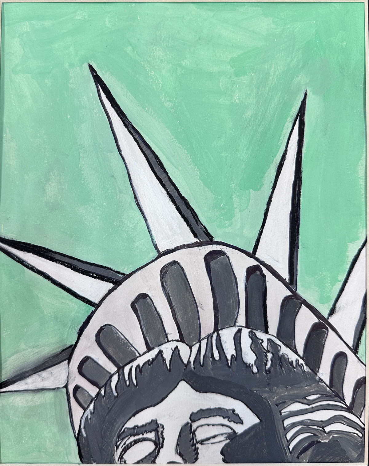 Painting of the top of the Statue of Liberty’s head and crown, shown in black, white, and gray tones against a mint green background, with the crown’s spikes extending upward.