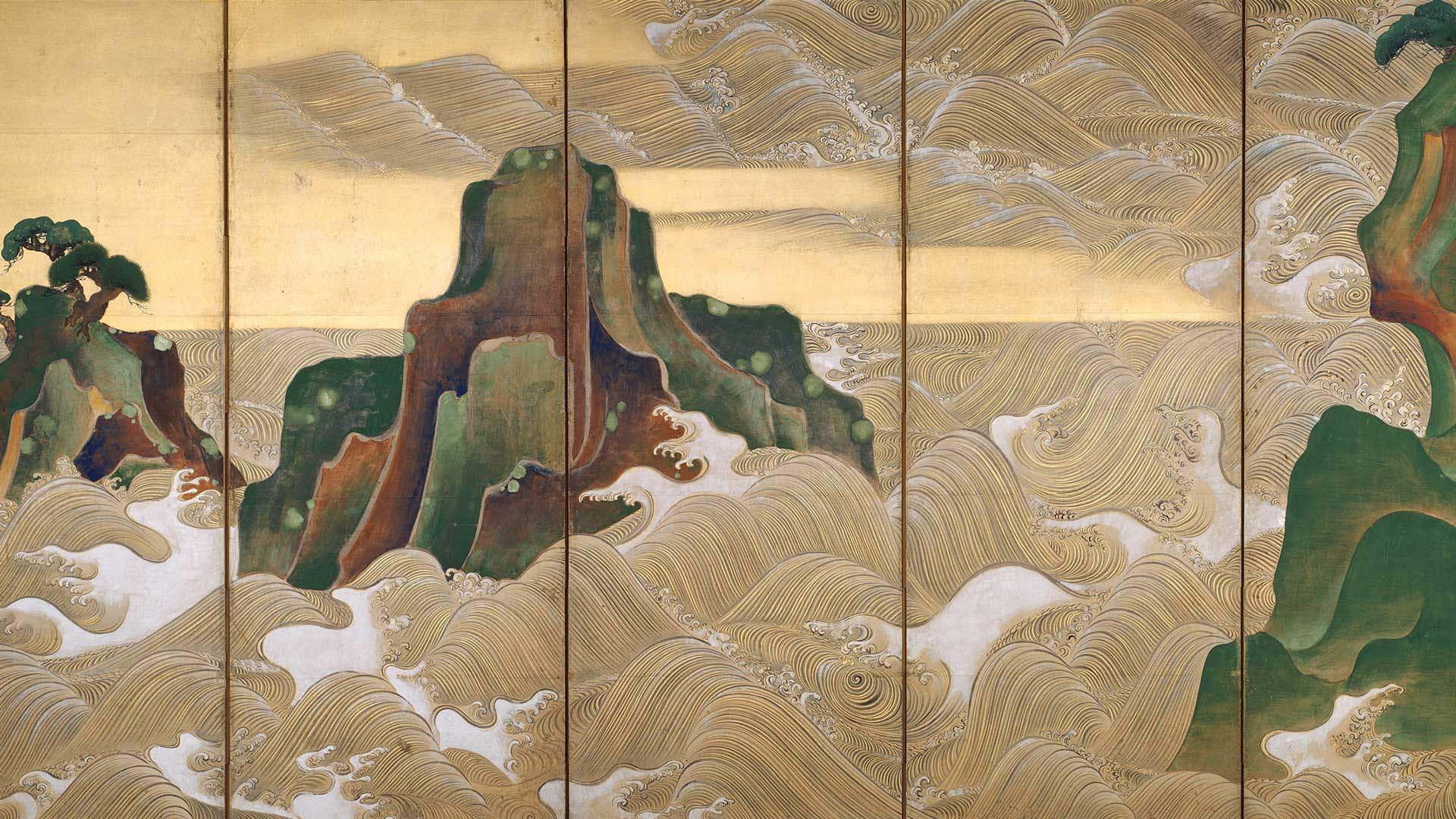 Decorative Japanese folding screen with rhythmic, curling waves rendered in fine lines over a gold background, punctuated by steep green and brown islands rising from the sea.