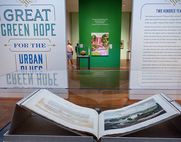 Open illustrated book displayed in a museum exhibit with text panels in the background reading “Great Green Hope for the Urban Blues,” describing a Hu
