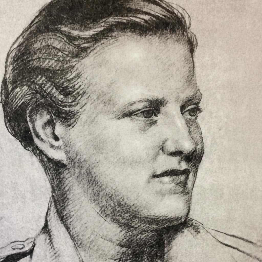 A charcoal or pencil sketch of an individual shown from the shoulders up, facing slightly to the right. The person has short, wavy hair pulled back and wears a collared garment with an epaulet on the shoulder.