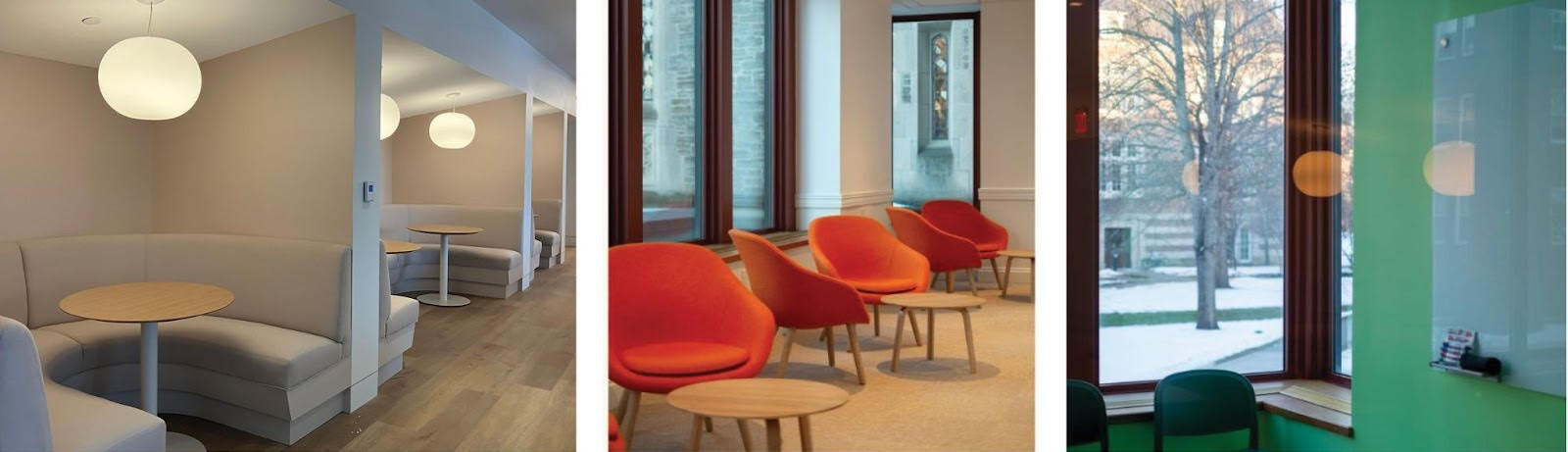 Horizontal photo triptych of three interior spaces in a library renovation.