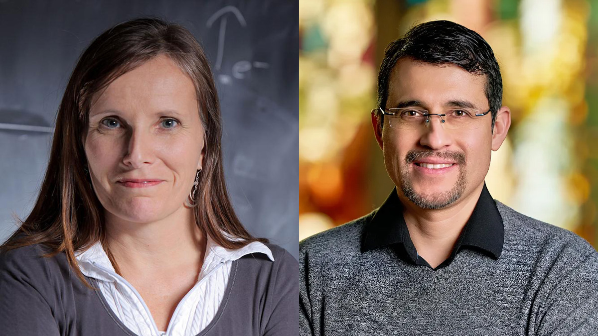 Diptych photo collage with headshot of two people.