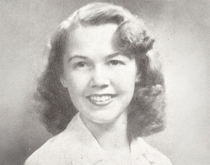 Black and white yearbook photo of Carolyn Darrow Rood Sweetland ’45.