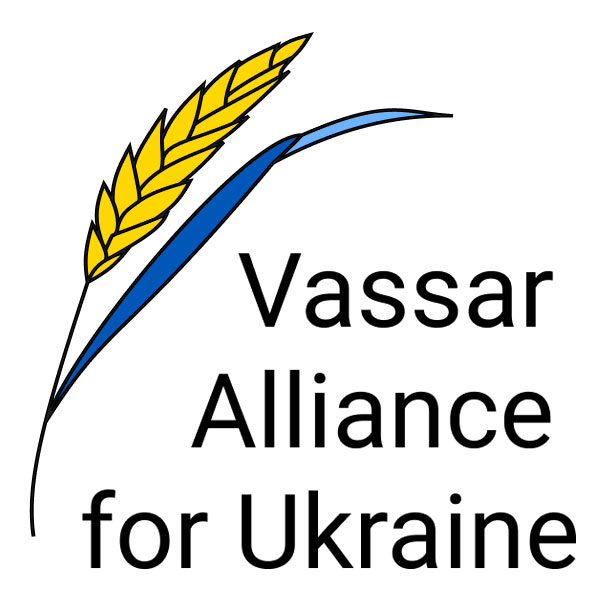 Graphic logo for Vassar Alliance for Ukraine. It features a stalk of yellow wheat paired with a blue blade of grass or leaf, mimicking the colors of the Ukrainian flag. Black text to the right reads "Vassar Alliance for Ukraine" on three lines.