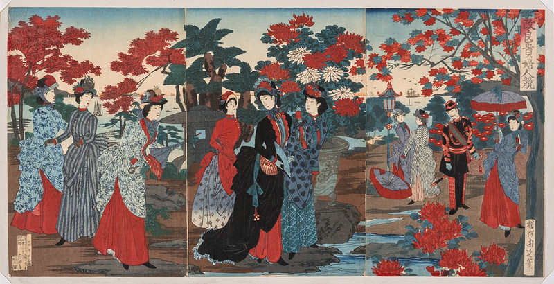 Color woodblock depicting people engaged in a contest contest of enlightened fashion.