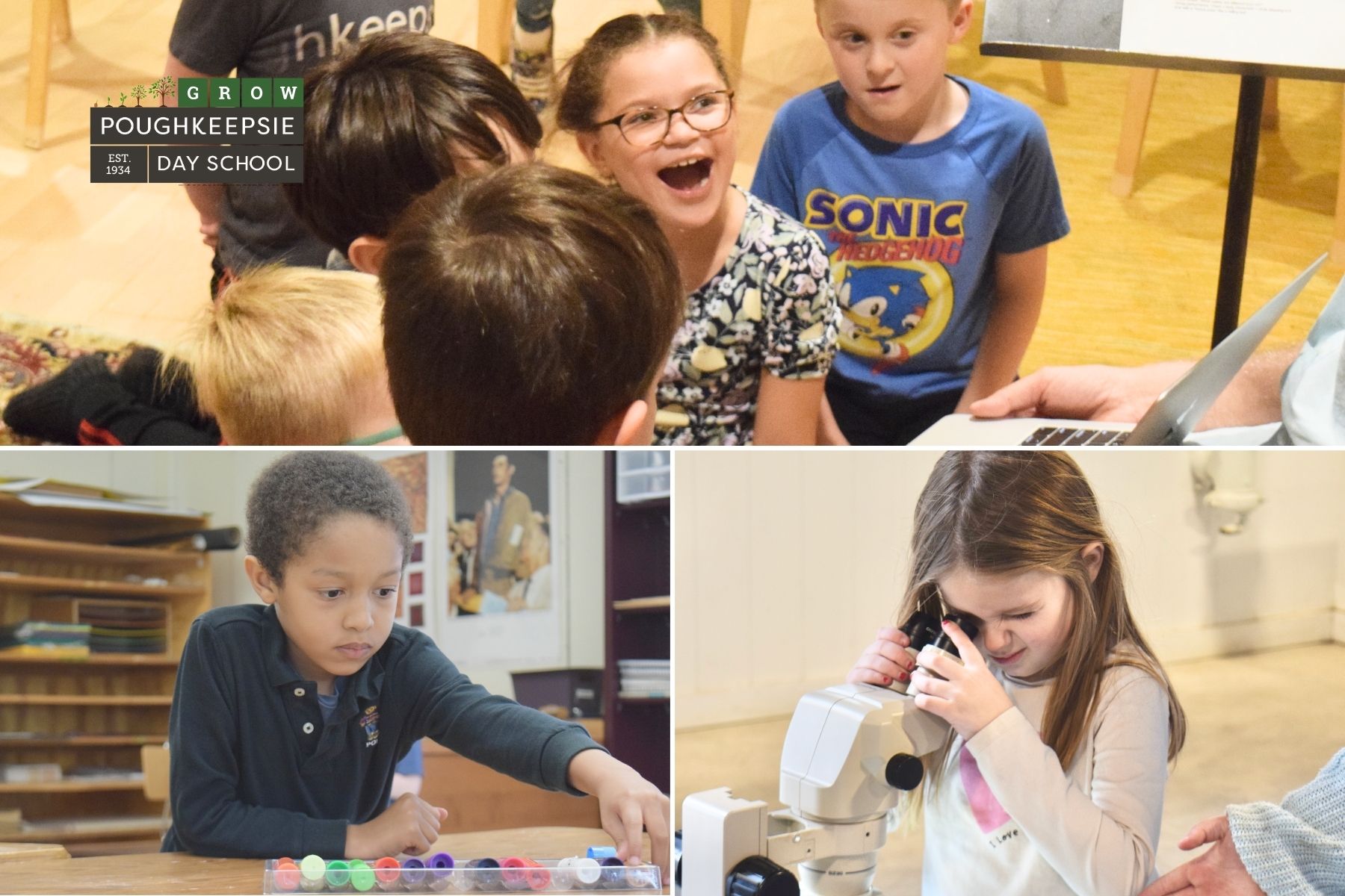 Collage of elementary school students engaged in hands-on learning activities at Poughkeepsie Day School: children gathered excitedly around a laptop, a student sorting colorful counting cubes at a table, and a young girl looking through a microscope with guidance from an adult.