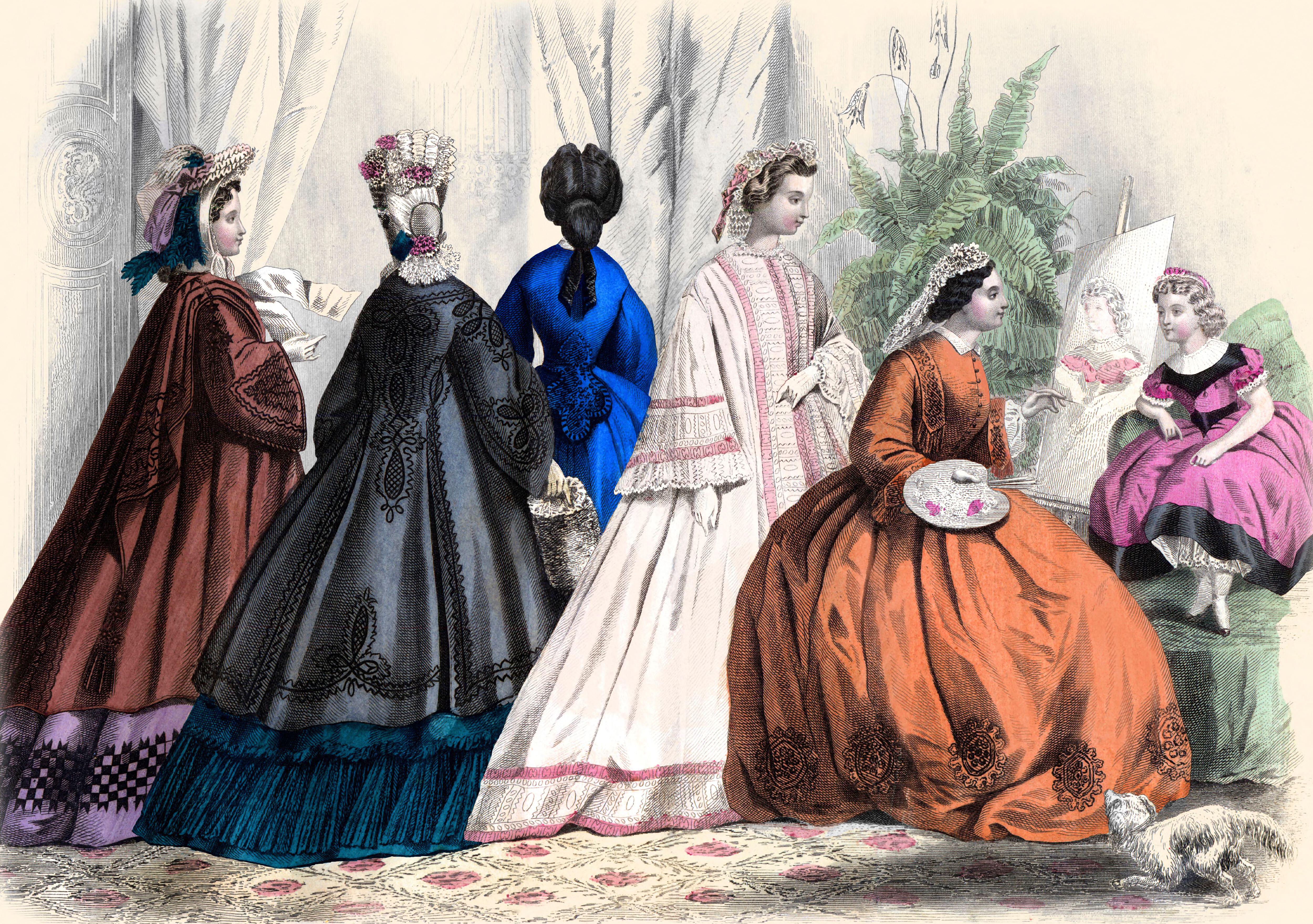 Color illustration of women in mid-19th-century dresses gathered indoors, including one seated while painting a portrait of a young girl, with ornate gowns and a small dog at their feet.