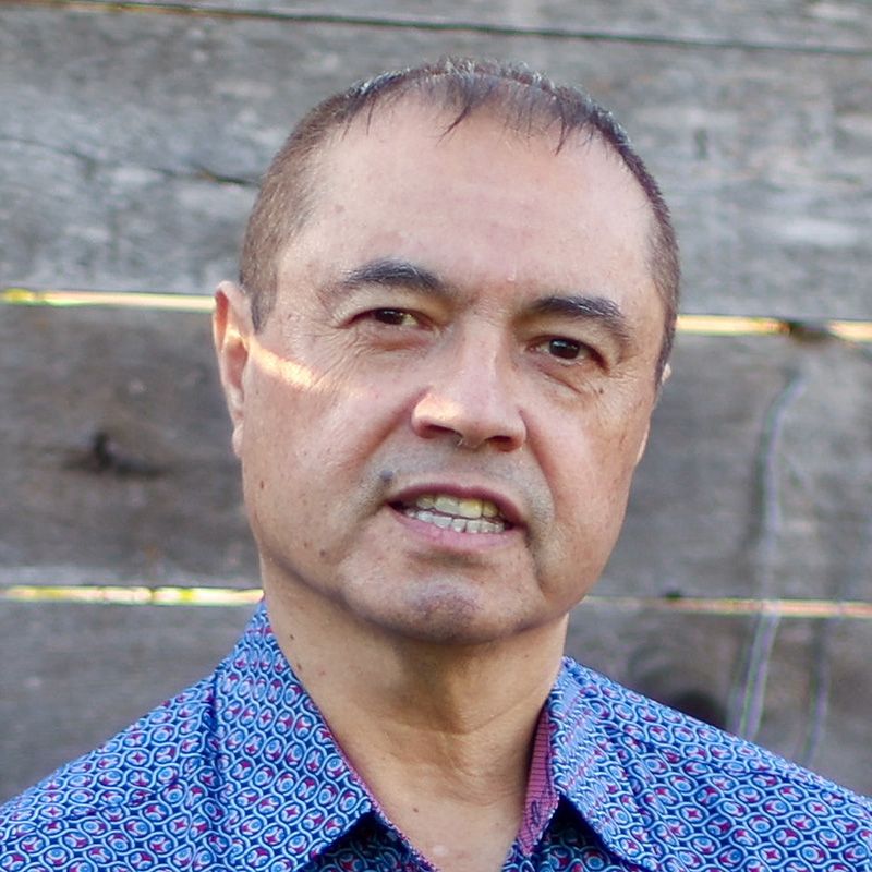 Head-and-shoulders portrait of Luis Cárcamo-Huechante outdoors, wearing a patterned blue shirt, with wooden steps in the background.