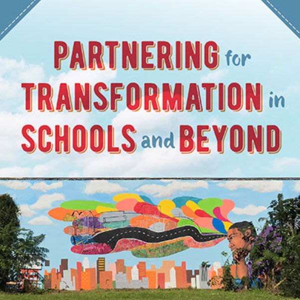 Book cover with a cityscape and text that reads: Partnering for Transformation in Schools and Beyond.