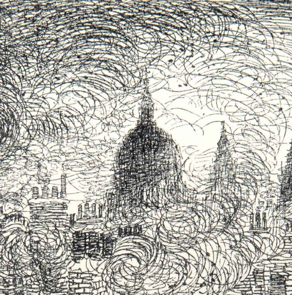 A line drawing of a city skyline. The skyline emerges through intricate, swirling lines and hatching, depicting numerous rooftops and prominent architectural features. The central dome, dark and rounded, stands against a backdrop of lighter swirling shapes that suggest a dynamic atmosphere. 
