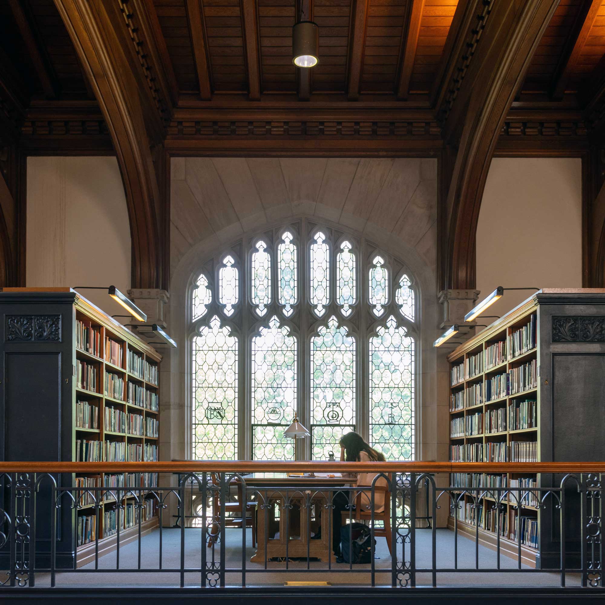 Single person studying at a table in a library.