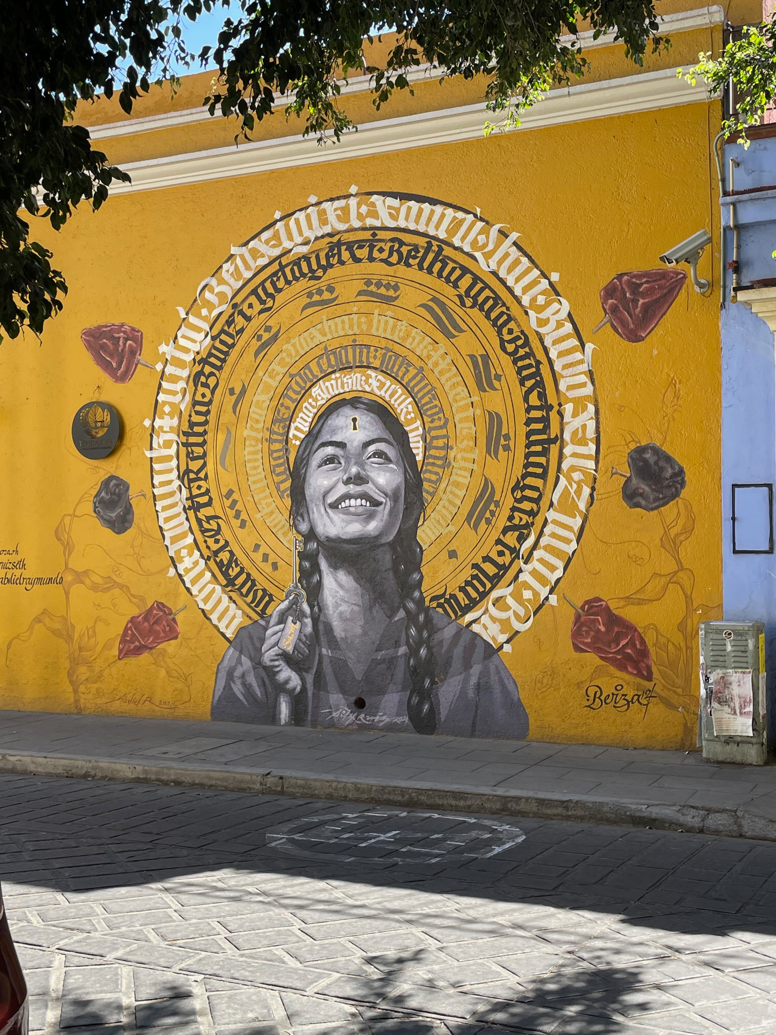 A golden colored mural depicting a young smiling woman.