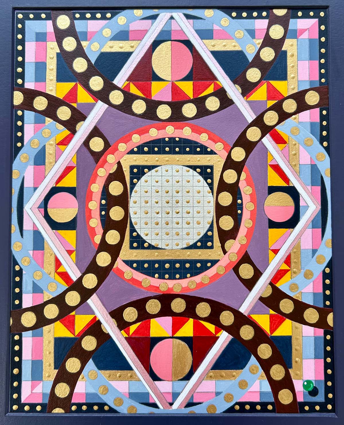 Colorful geometric abstract painting featuring layered circles, triangles, and grid patterns in pink, blue, red, and purple, with gold accents and dotted arcs radiating around a central circular form.
