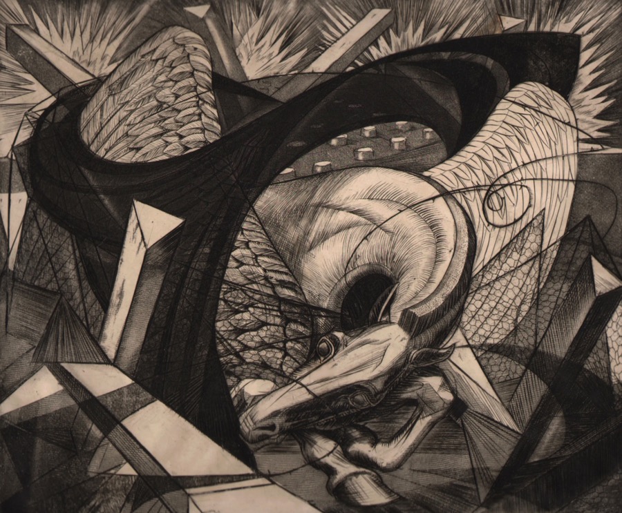 An intricate composition features multiple geometric shapes intertwined with organic forms. A prominent ram's horn spirals outward, surrounded by angular structures and flowing lines that create a sense of movement. The monochromatic palette, primarily in shades of black and gray, is accented by textured patterns, enhancing the depth of the forms. Jagged lines radiate from the background, adding a dynamic quality to the overall visual action.