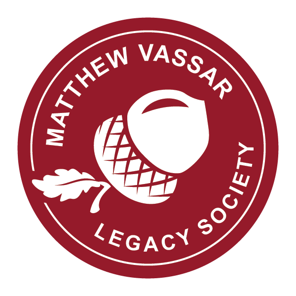Matthew Vassar Legacy Society round seal logo with an acorn in the middle of the seal.