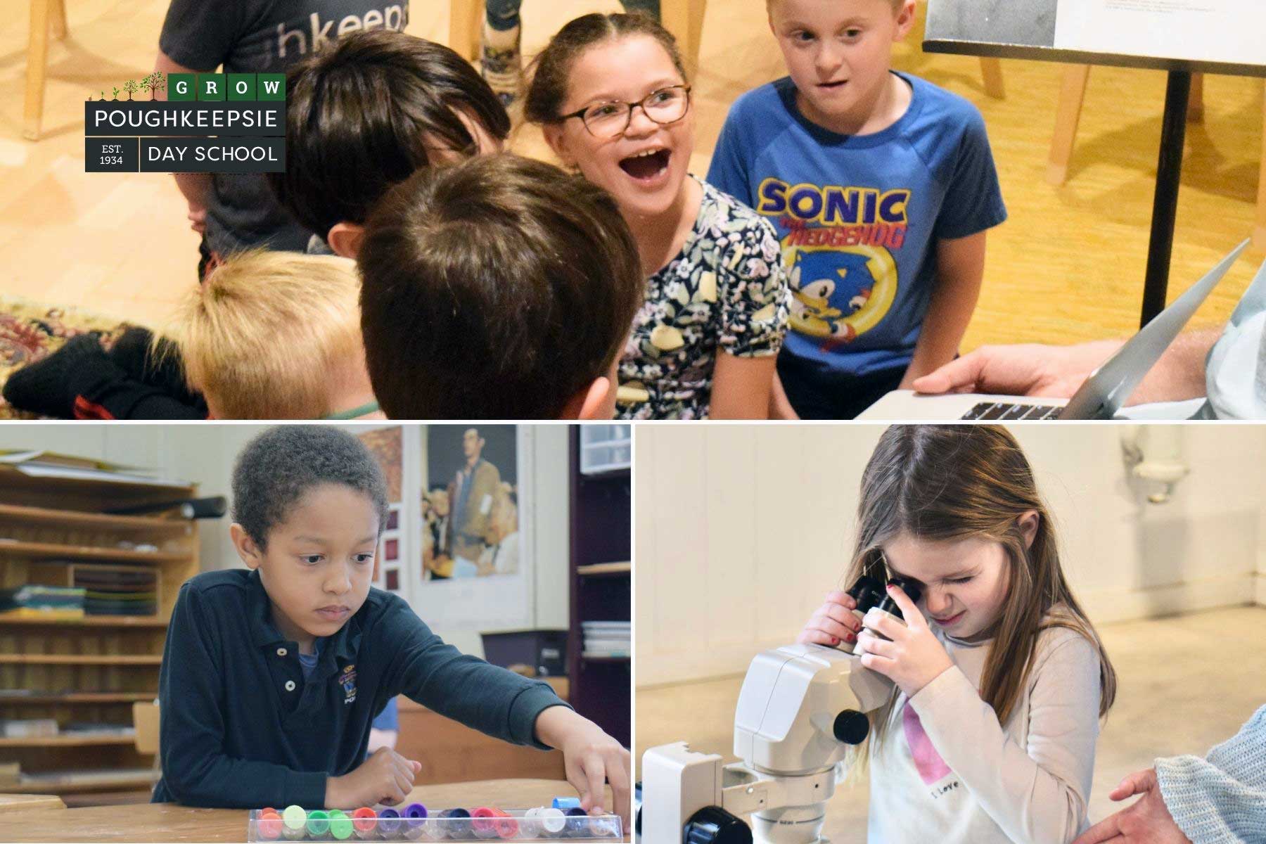 Photo collage of school age children participating in various classroom activities with a text overlay that reads: GR0W, POUGHKEEPSIE DAY SCHOOL, EST. 1934.