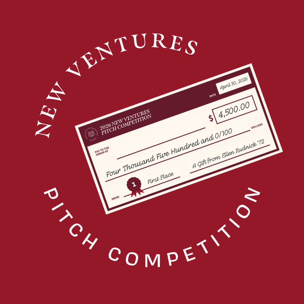 Illustration of a ceremonial check for $4,500 labeled “2026 New Ventures Pitch Competition,” with “First Place” noted, set against a red background with circular text reading “New Ventures Pitch Competition.”