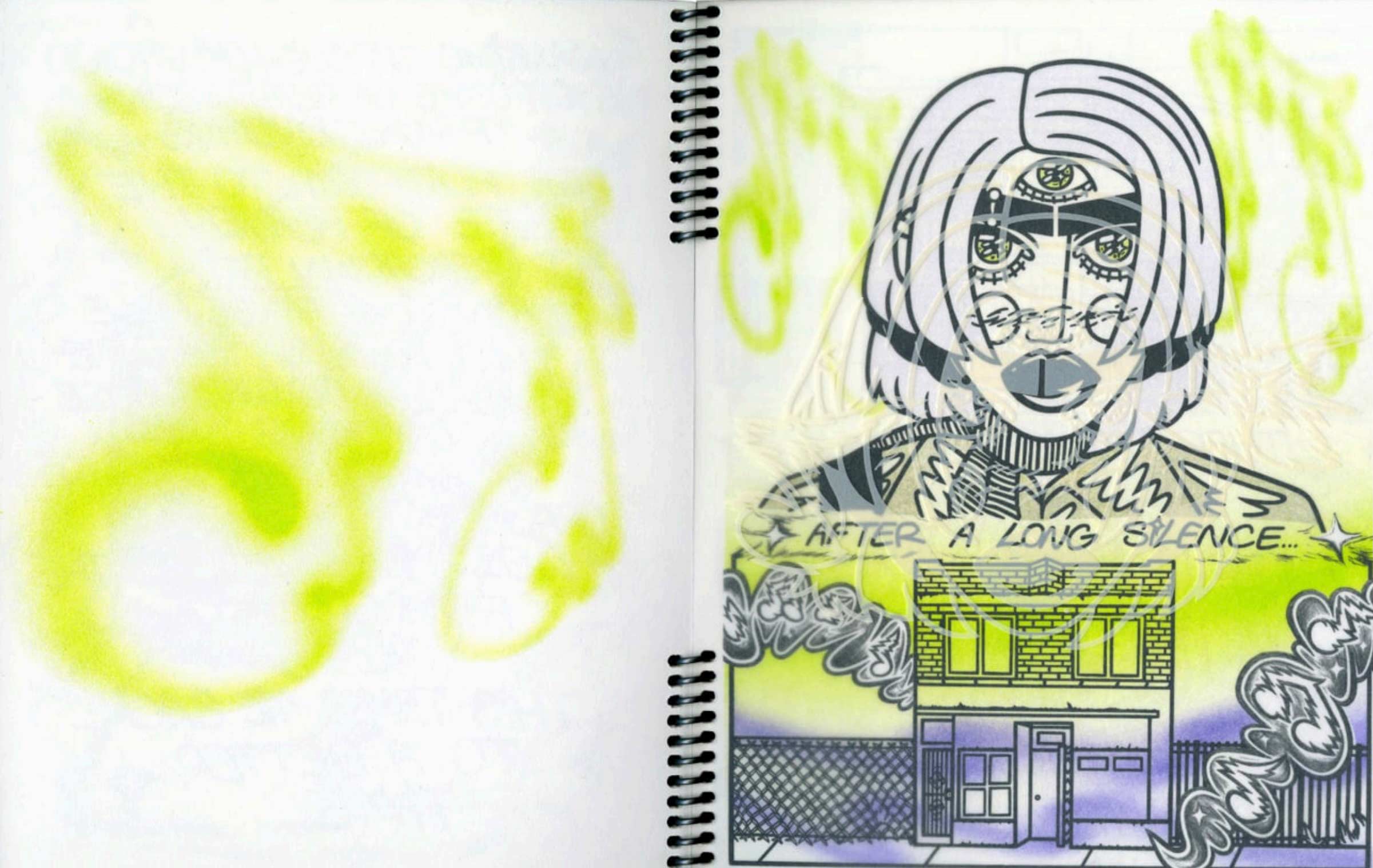 An open spiral sketchbook features a stylized illustration of an individual with multiple eyes and short hair. Below, a banner reads "AFTER A LONG SILENCE..." above a brick building. Bright lime green spray-paint effects overlap the drawings.