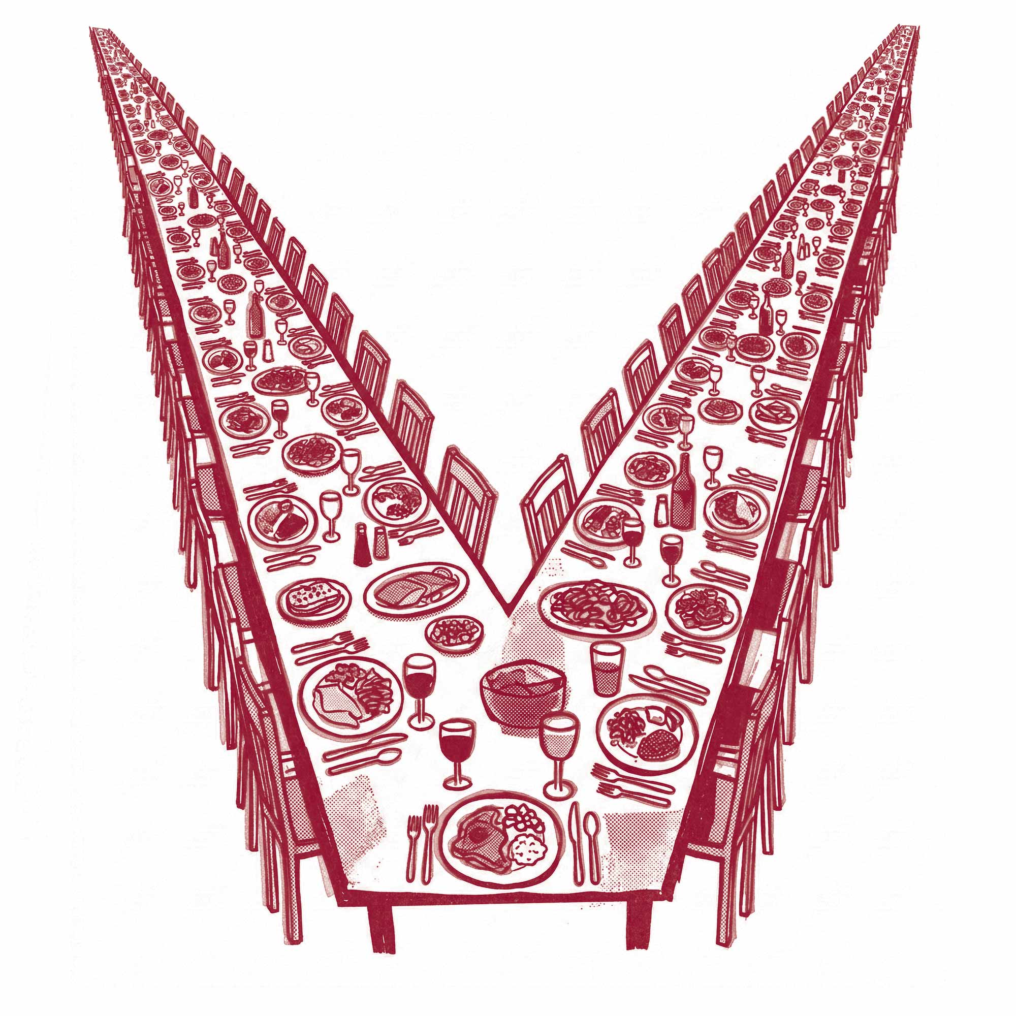 A burgundy line drawing features a long banquet table shaped like the letter V. The table is set with numerous plates of food, glasses, and cutlery, stretching into the distance. Empty chairs line both sides of the table against a plain white background.