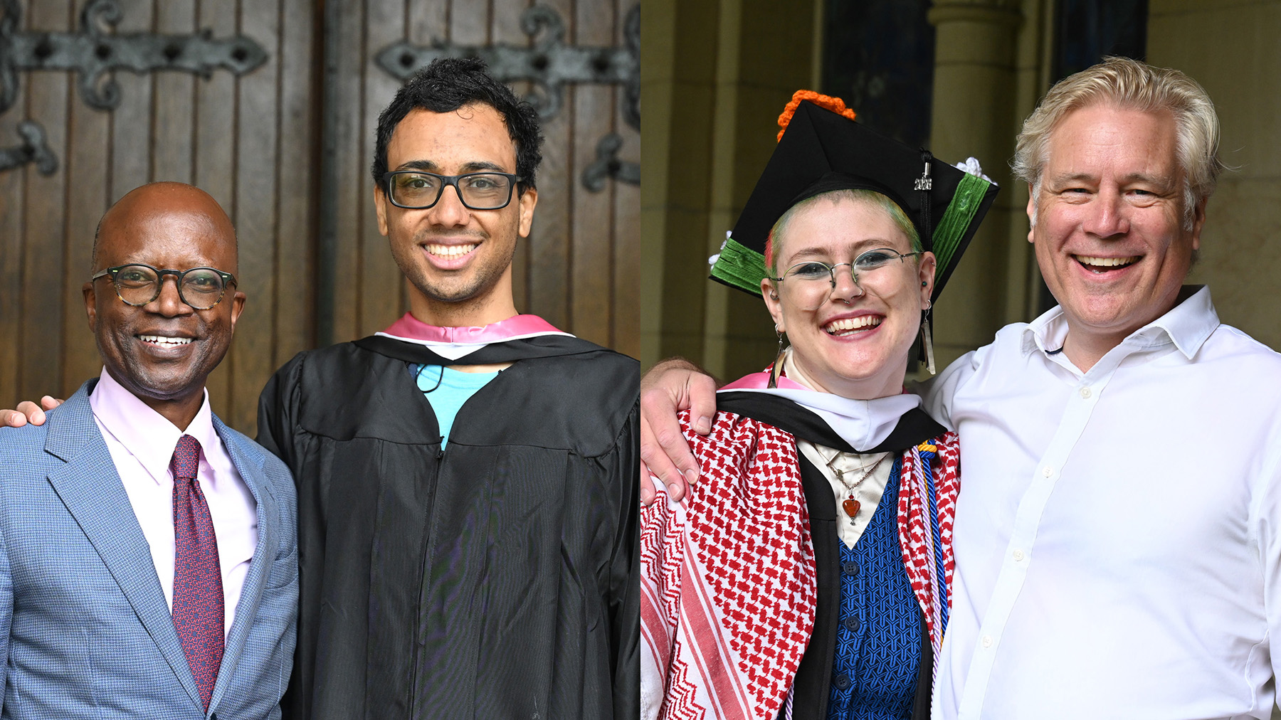 Two side-by-side graduation portraits showing graduates posing with supporters in front of campus architecture. On the left, a graduate in academic regalia stands beside a companion in formal attire in front of large wooden doors. On the right, a graduate wearing a decorated cap and honor cords smiles beside a companion in a white shirt near a stone archway.