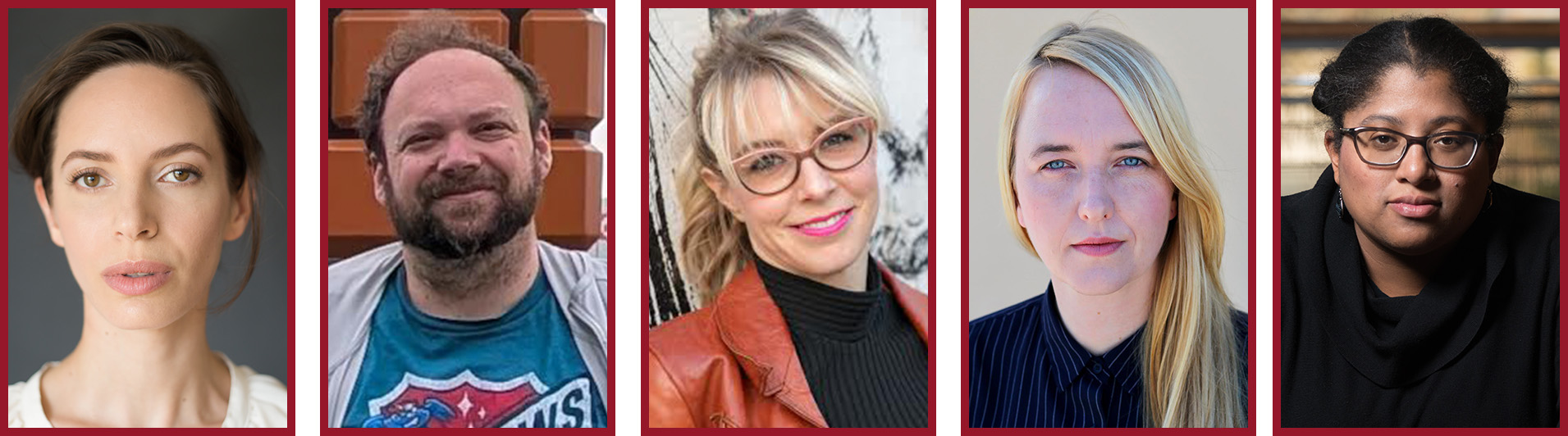 Four portrait headshots arranged side by side. The images show different people photographed against a variety of indoor and outdoor backgrounds.