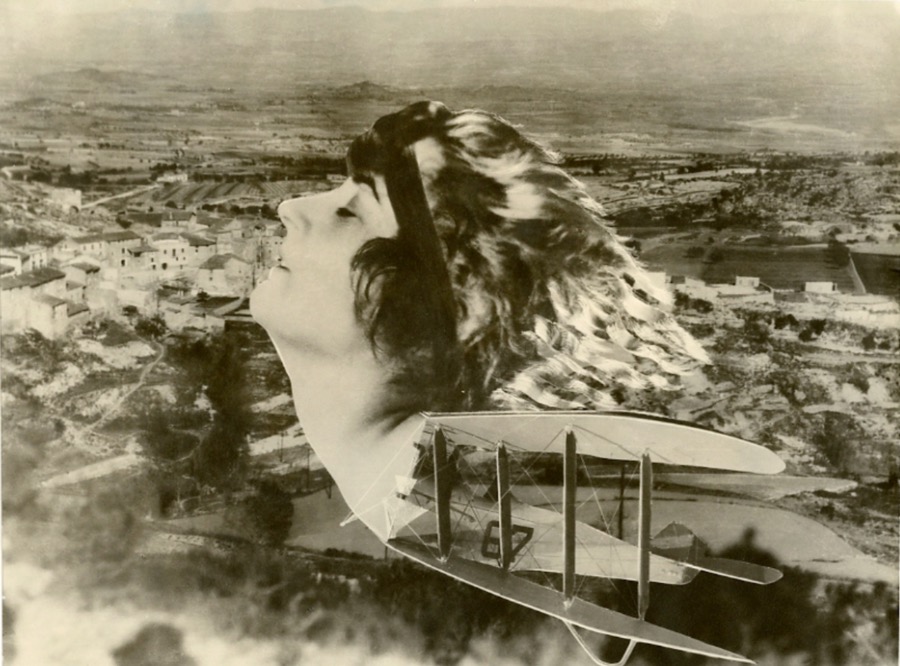 A large, monochromatic portrait of a face is superimposed over a detailed landscape featuring buildings and fields, creating a layered effect. The face is oriented upwards, with hair flowing dynamically, suggesting movement. In the foreground, a vintage biplane is positioned, angled slightly to the right, contrasting with the serene backdrop. The overall composition utilizes soft hues and a hazy quality, emphasizing the interplay between human presence and the expansive natural environment.