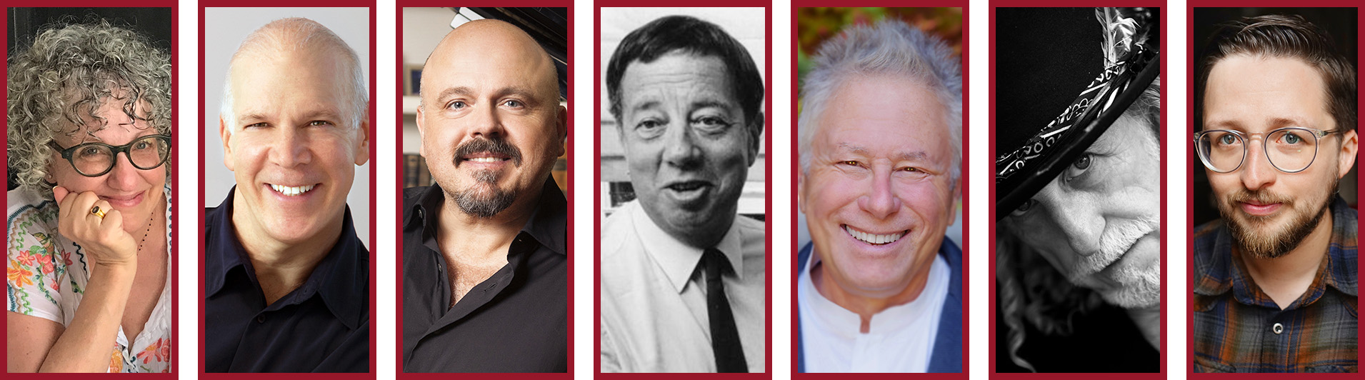 A horizontal collage of seven portrait photographs framed in dark red borders. The image includes a mix of color and black-and-white headshots of theater artists and performers, featuring close-up portraits with varied expressions and styles against neutral and studio backgrounds.